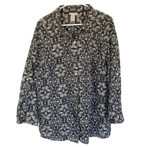 Catherines Women 0X 14/16W Multicolor Black White Paisley Print Button Down Top - Picture 1 of 5